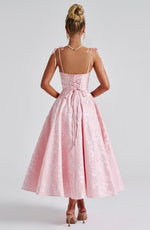 Load image into Gallery viewer, EBAKUS Tea Length Prom Dresses for Women Midi Elegant Square Neck Jacquard Floral Satin Bridesmaid Dress Pink A-Line Spaghetti Straps Evening Dress with Bow Size 6
