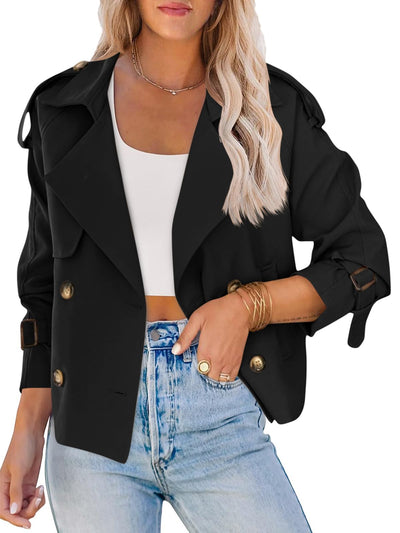 Saodimallsu Women Crop Double Breasted Trench Coat Raglan Sleeve Work Office Cropped Jacket With Pockets