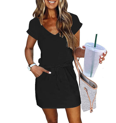 ETCYY NEW Womens Summer Dress Lantern Sleeve Square Neck Tie Front A-Line Double Layer Hem Mini Dresses Black