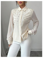 Load image into Gallery viewer, SweatyRocks Women's Pearl Elegant Tops Button Down Shirts Long Sleeve Work Office Blouse Apricot Small
