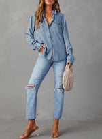 Load image into Gallery viewer, Astylish Womens Denim Tops Chambray Jean Shirts V Neck Business Casual Long Sleeve Button Down Blouse Dusk Blue Large
