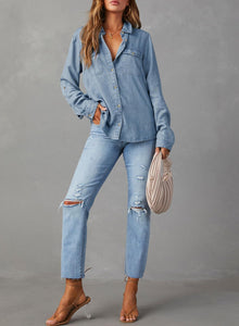 Astylish Womens Denim Tops Chambray Jean Shirts V Neck Business Casual Long Sleeve Button Down Blouse Dusk Blue Large