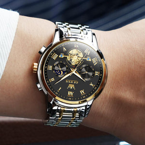 OLEVS Black Watches for Men Luxury Fashion Gold and Silver Stainless Steel Men's Wrist Watches Classic Nice Big Face Waterproof Quartz Men Watch with Day Two Tone Moon Phase Relojes para Hombres