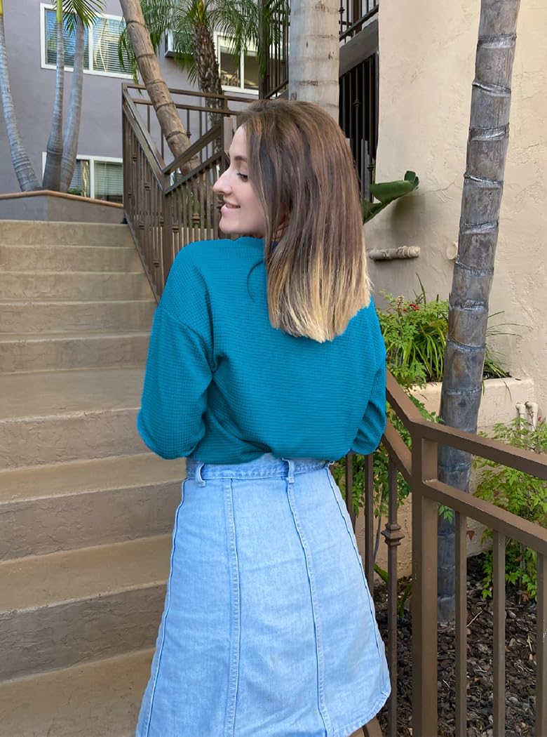 Poetsky Womens Knit Sweaters Pullover Long Sleeve V Neck Shirt Loose Lightweight Tops Waffle Off The Shoulder Sweater Blue Green M