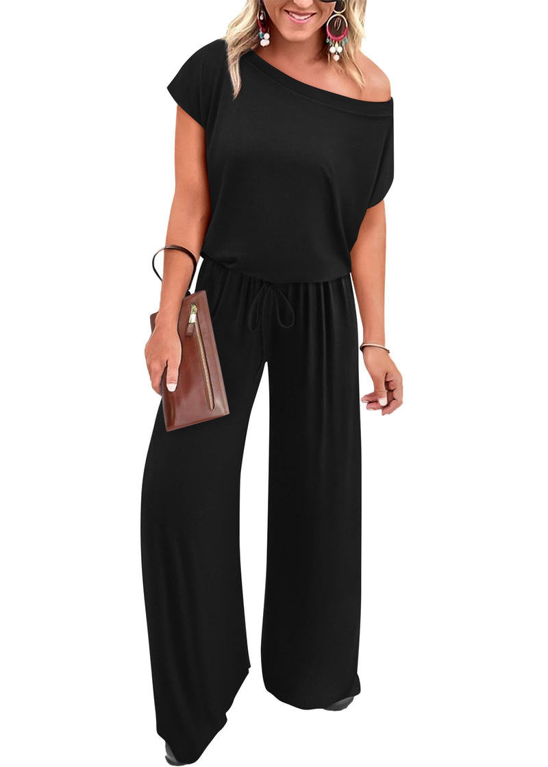 KIRUNDO Black Jumpsuits for Women Casual Summer Loose One Piece Outfits Off Shoulder Wide Leg Jumpsuit Overalls Stretchy Long Pant Rompers with Pockets 2025(Black, X-Large)