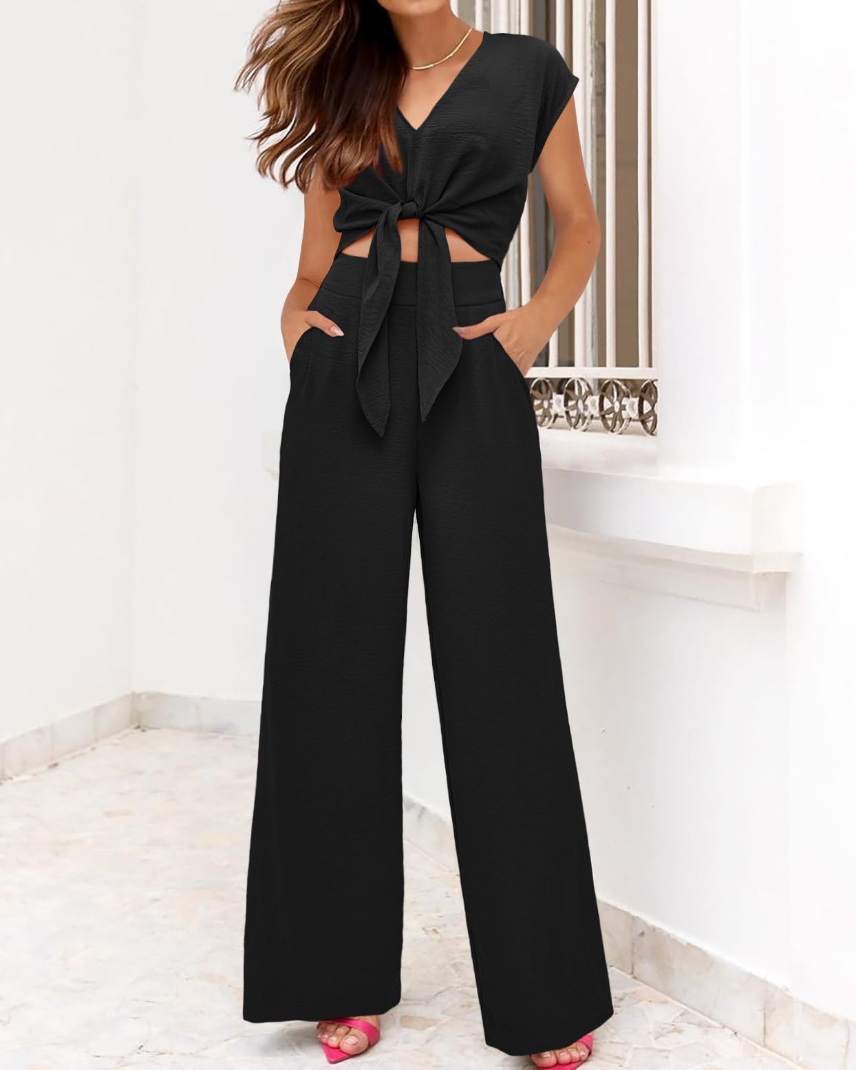 PRETTYGARDEN Women's Summer 2 Piece Outfits 2025 Cap Sleeve V Neck Belted Crop Tops Wide Leg Pant Sets Casual Tracksuit(Solid Black,Medium)