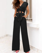 Load image into Gallery viewer, PRETTYGARDEN Women&#39;s Summer 2 Piece Outfits 2025 Cap Sleeve V Neck Belted Crop Tops Wide Leg Pant Sets Casual Tracksuit(Solid Black,Medium)
