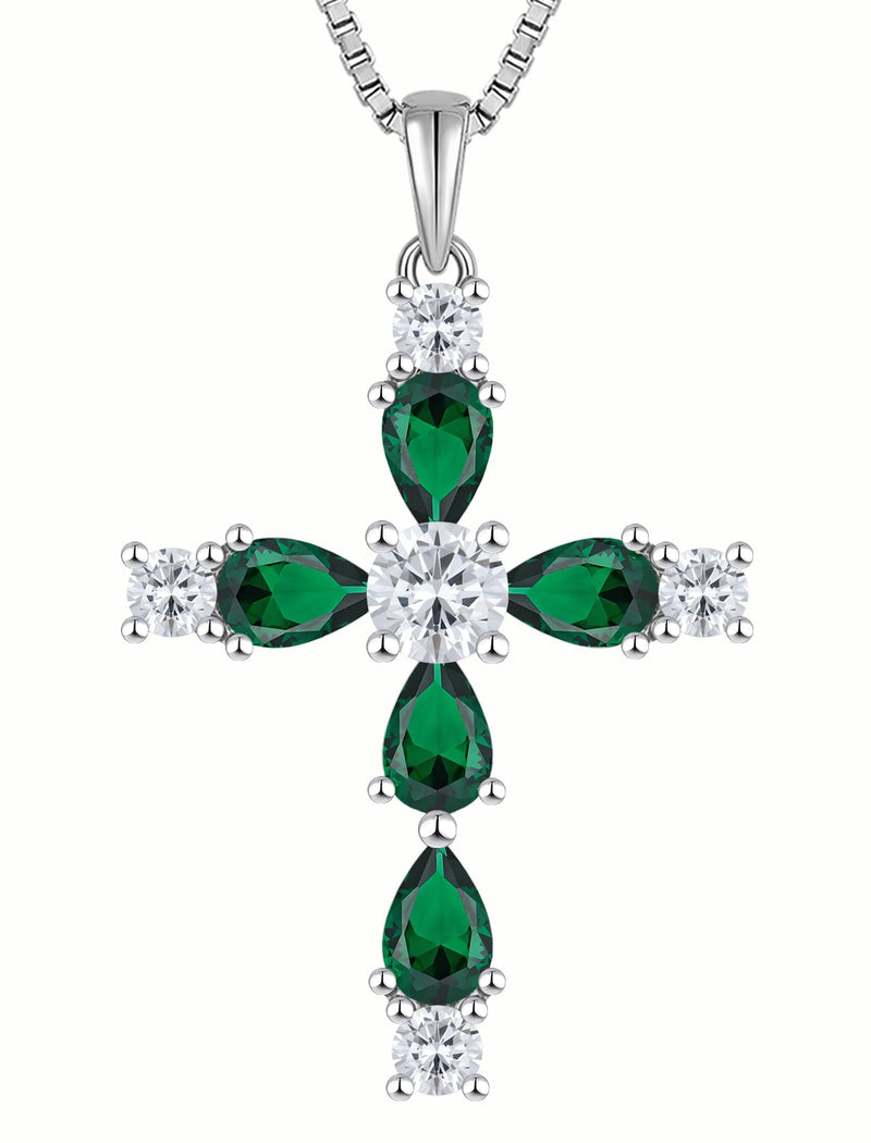 YL Cross Necklace for Women 925 Sterling Silver Halo Gemstone Pendant Created Emerald Religious Jewelry for Mom