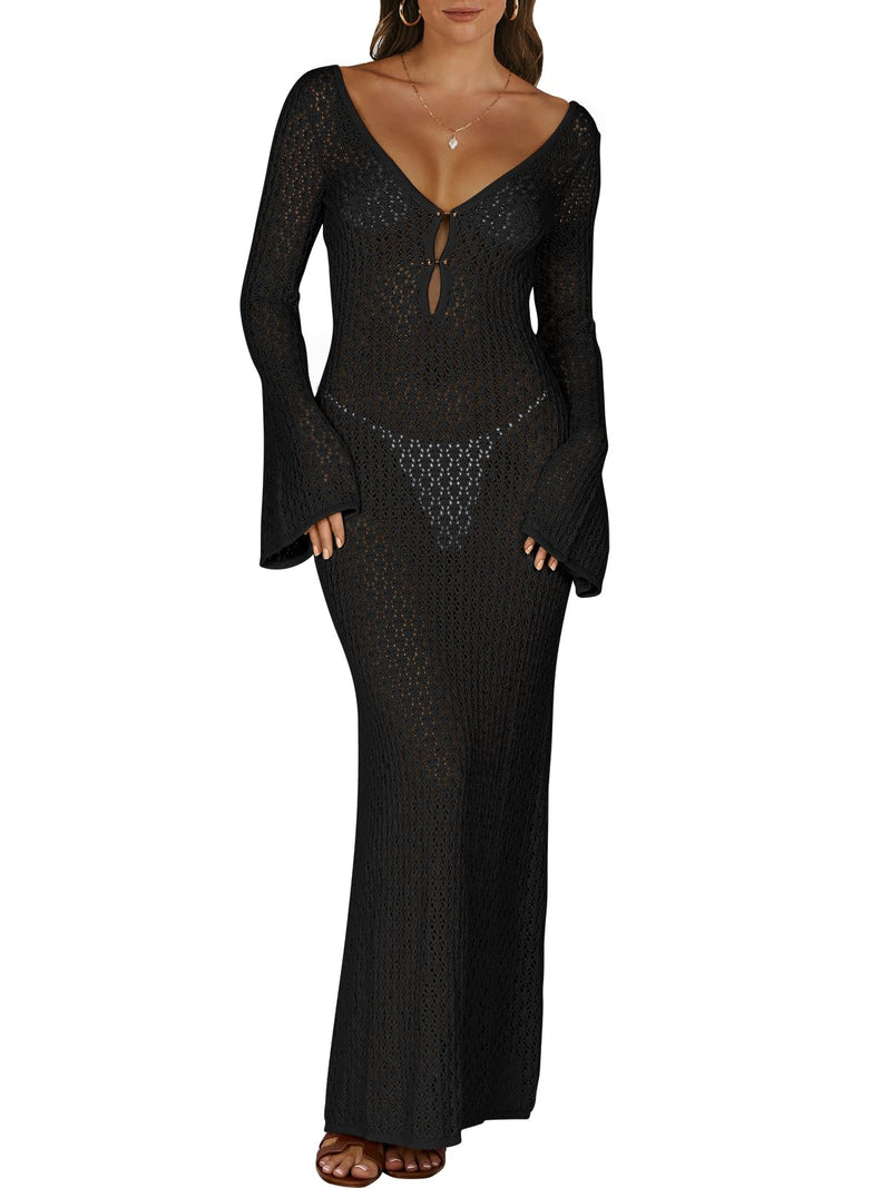 ANRABESS Womens Swimsuit Swim Crochet Cover Up 2025 Summer Knit Bathing Suit Sexy Swimwears Vacation Bodycon Beach Dress Black Medium