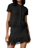 Load image into Gallery viewer, Fisoew Womens 2 Piece Crochet Outfits Short Sleeve Button Knit Sweater Tops Fringe Skirt Summer Vacation Sets Beach Cover Ups Black
