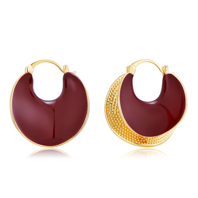 YUJIE Unique Chunky Hoop Earrings for Women- Burgundy Gold-Tone Textured Statement Jewelry