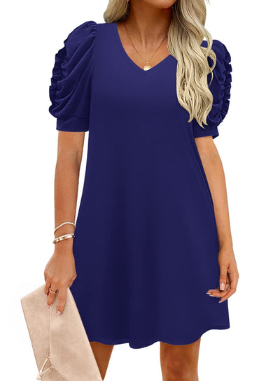 MIHOLL Womens 2025 Summer Dress Short Puff Sleeve Casual Flowy V Neck Cute T Shirt Dresses(Navy Blue,Large)