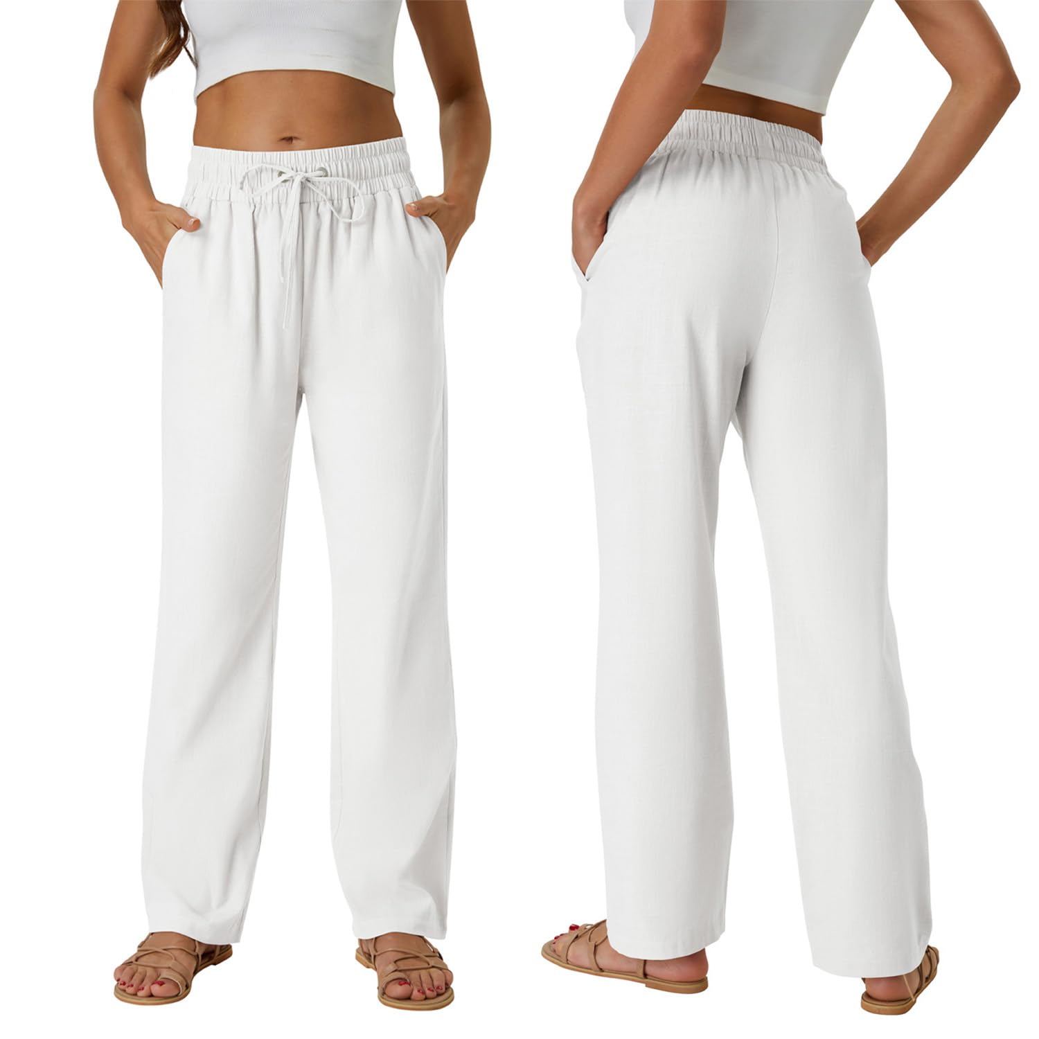SEMARO Womens Casual Linen High Waist Pants Drawstring Loose Fit Summer Pants Trousers with Side Pockets White