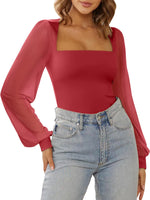 Load image into Gallery viewer, PINKMSTYLE Sexy Bodysuits for Women Classic Square Neck Long Sleeve Slim Fit Shirts Sheer Mesh Trendy Going Out Tops Cute Office Red Medium

