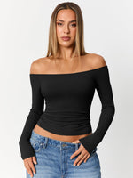 Load image into Gallery viewer, Trendy Queen Womens Long Sleeve Off The Shoulder Tops Going Out Basic T Shirts Cute Sexy Crop Boat Neck Y2K Corset Concert Fall Fashion 2025 Outfits Clothes Black M
