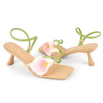Load image into Gallery viewer, LACIKOSZ Flower Kitten Heel Sandals for Women Calla Lily Green Heels Square Open Toe Floral Strappy Low Heel Sandals Summer Dressy Wedding Shoes Size 9
