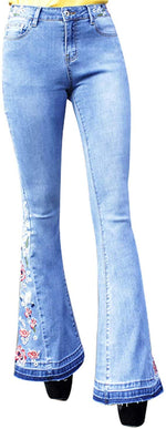 Load image into Gallery viewer, Bell Bottom Jeans for Women Flared Floral Embroidered Jean Wide Leg Denim Pants Size 8 Blue

