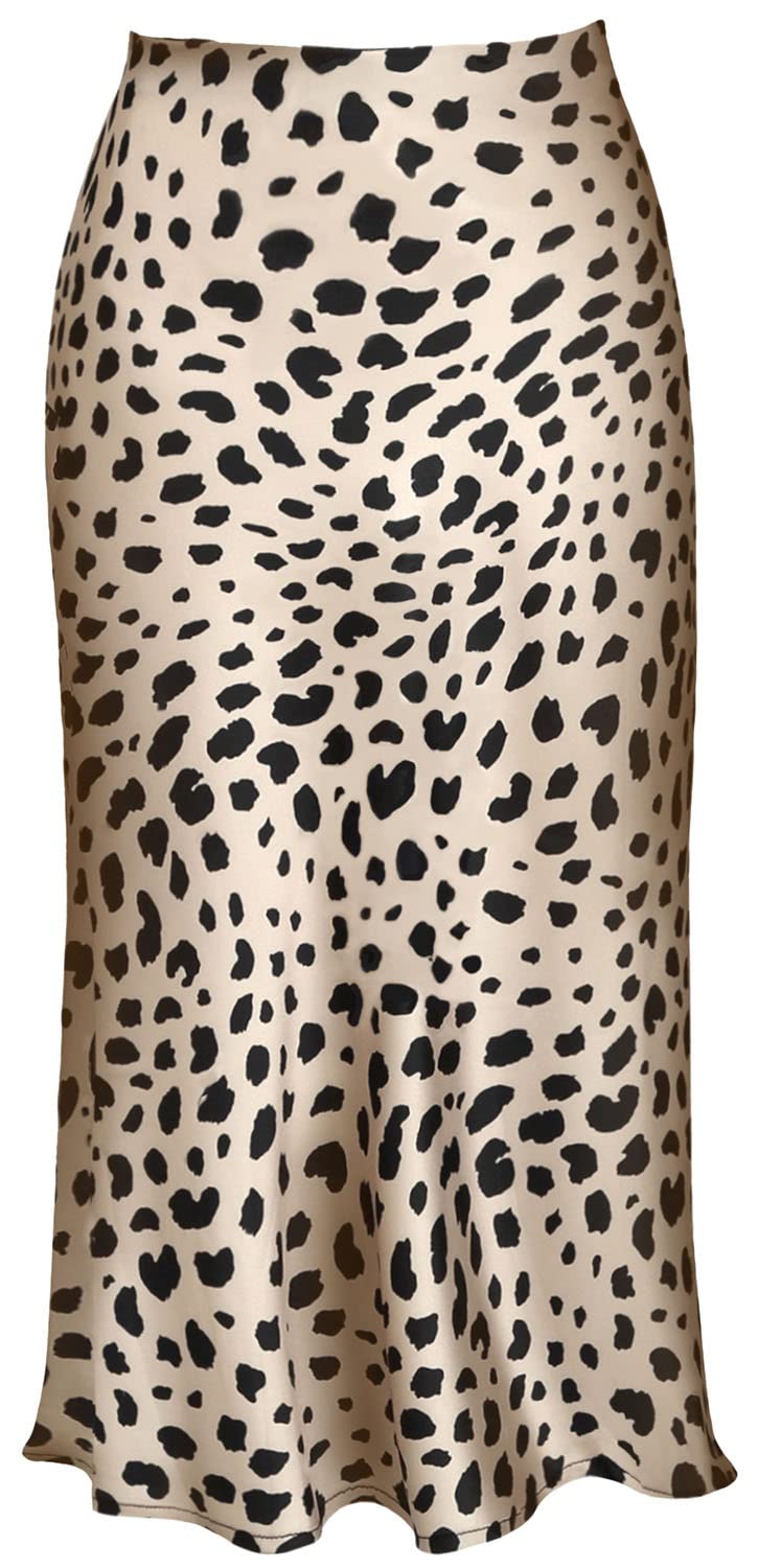 Womens Leopard Print Skirt Midi Long Length Silk Satin High Waist Elastic Skirts S