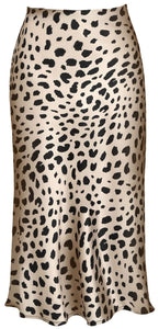 Womens Leopard Print Skirt Midi Long Length Silk Satin High Waist Elastic Skirts S