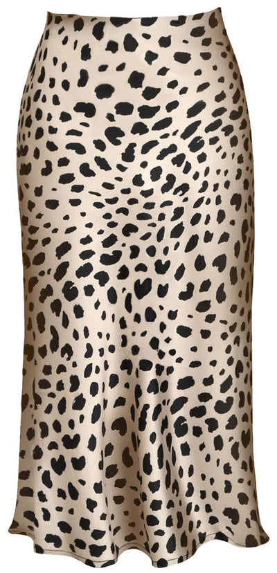 Womens Leopard Print Skirt Midi Long Length Silk Satin High Waist Elastic Skirts S