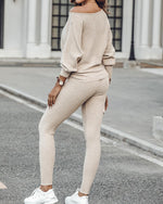 Load image into Gallery viewer, CHICME 2 Piece Lounge Outfit Long Sleeve Knit Pullover Tops Drawstring Pants Set Tracksuit Sweatsuit Beige-XL
