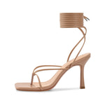 Load image into Gallery viewer, ISNOM Nude Heels Lace Up Heels Sandals for Women Nude Strappy Heels Tie Up Heels High Heels Women Square Toe Open Toe Heels Thong Heels Women's Stiletto Heeled Sandals-Nude, 6
