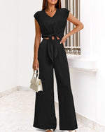 Load image into Gallery viewer, PRETTYGARDEN Women&#39;s Summer 2 Piece Outfits 2025 Cap Sleeve V Neck Belted Crop Tops Wide Leg Pant Sets Casual Tracksuit(Solid Black,Medium)
