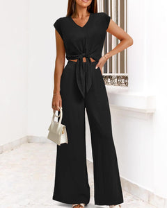 PRETTYGARDEN Women's Summer 2 Piece Outfits 2025 Cap Sleeve V Neck Belted Crop Tops Wide Leg Pant Sets Casual Tracksuit(Solid Black,Medium)