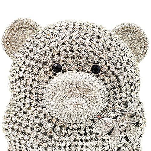 Boutique De FGG Bear Evening Bags and clutches for Women Formal Crystal Clutch Purse Party Animal Rhinestone Handbags,Mini,Silver