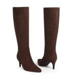 Load image into Gallery viewer, QIY Tall Boots for Women Brown Knee High Boots Kitten Heel Pointed Toe Winter Fall Dressy Suede Boots Size 8.5
