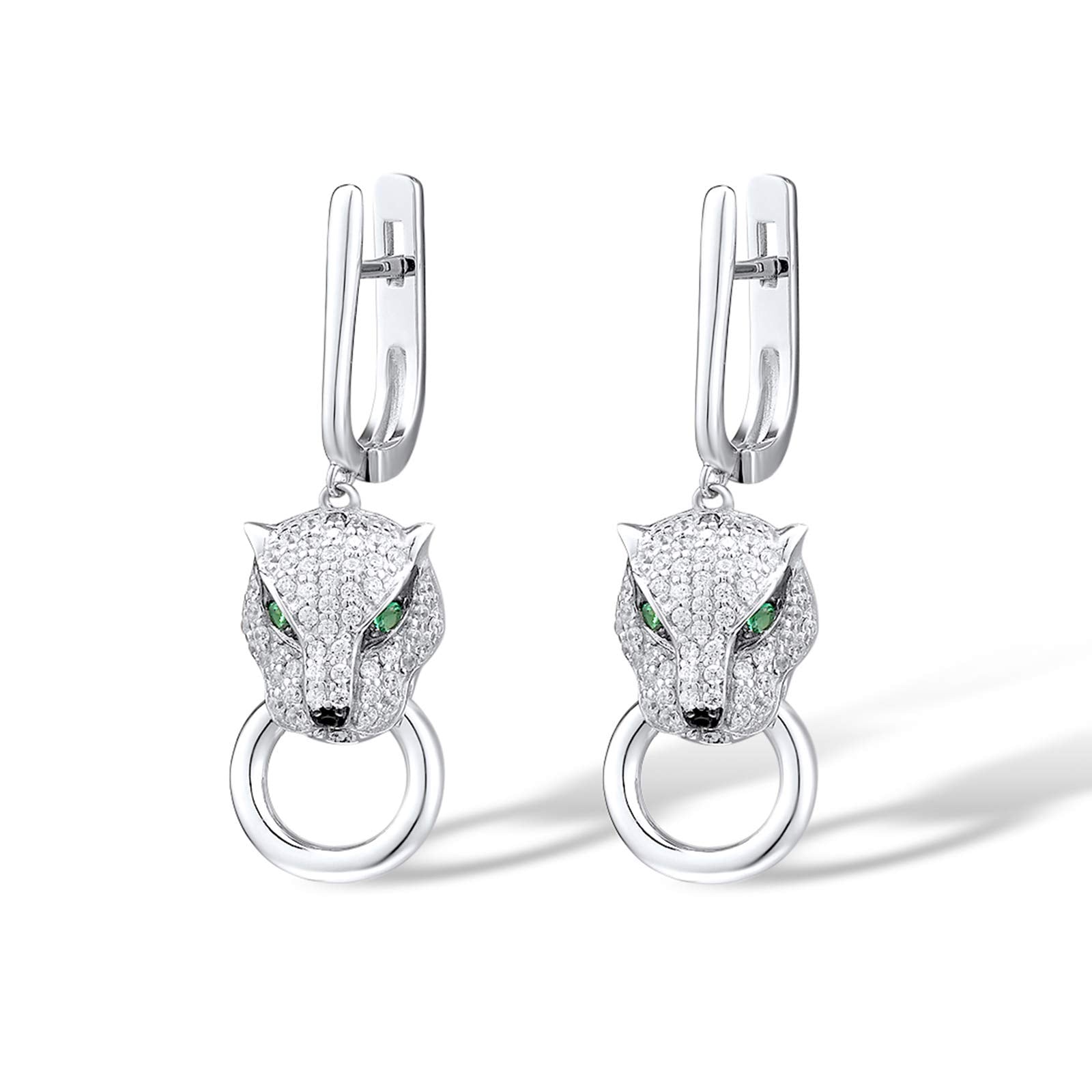Santuzza Panther Earrings 925 Sterling Silver Cubic Zirconia Green Spinel Leopard Dangle Earrings for Women