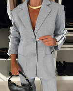 Load image into Gallery viewer, CHICME Womens Two Piece Outfits Striped Side Button Blazer and Pants with Pockets Sets Business Casual Pant Suits Set-lga-M Light Gray
