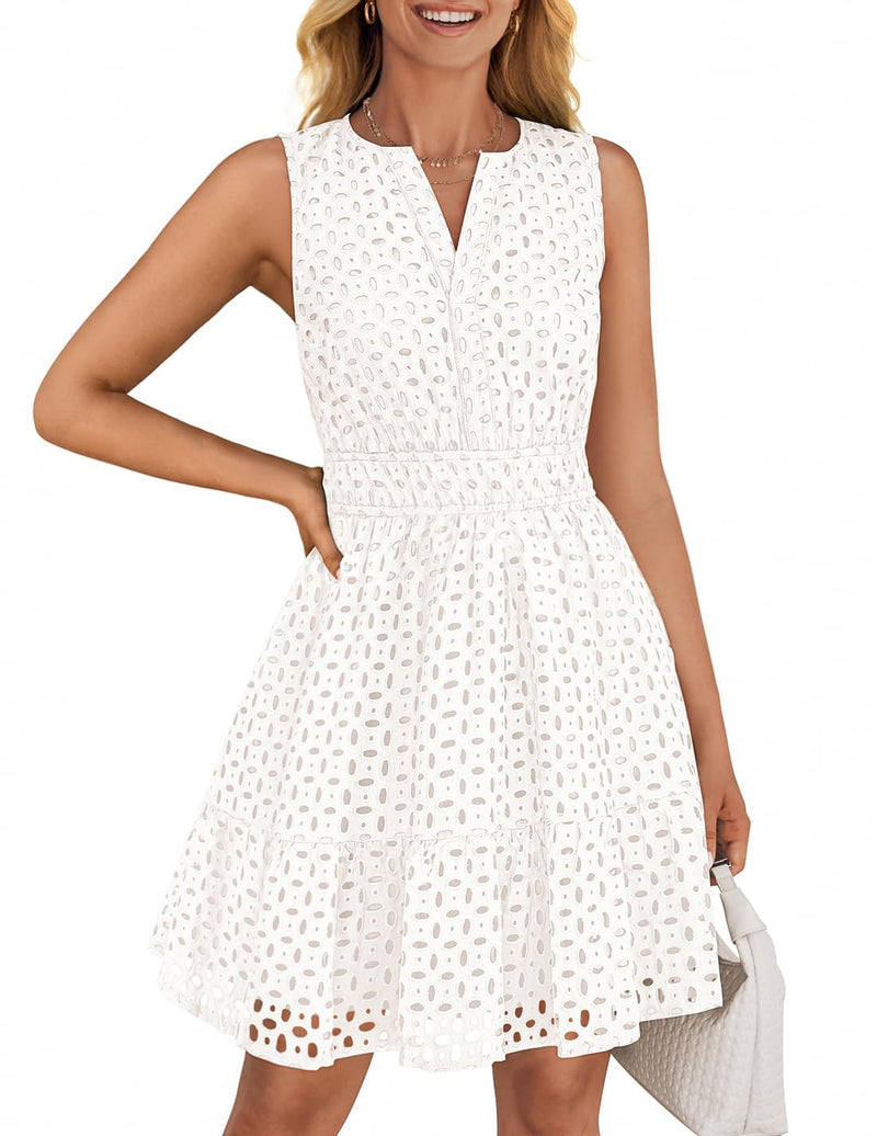 ZESICA Women's Summer Sleeveless Mini Dresses 2026 Spring V Neck Hollow Out Eyelet Flowy A Line Beach Vacation Sundress White Medium