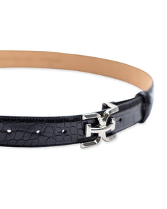 Sam Edelman Women's Double-E Logo Plaque Buckle Textured Jean and Trouser Belt, Black Croc, Medium
