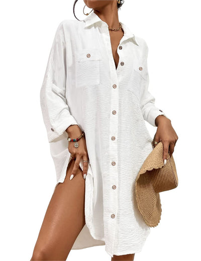 Bsubseach Womens Modern Swimsuit Cover Up Blouse Button Down Shirt Dresses Tops White M