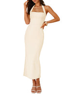 Load image into Gallery viewer, ZESICA Women's 2026 Summer Sleeveless Midi Dress Halter Neck Backless Wedding Guest Cocktail Party Bodycon Long Dresses Apricot Medium
