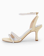 Load image into Gallery viewer, Coutgo Womens Pearl Kitten Heels Sandals Square Open Toe Dress Sandals Ankle Strap Satin Wedding Party Summer Sandals
