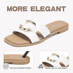 Load image into Gallery viewer, FITORY Women&#39;s Flat Sandals Fashion Square Open Toe Slides With Metal Chain Slippers for Summer Size 8 White
