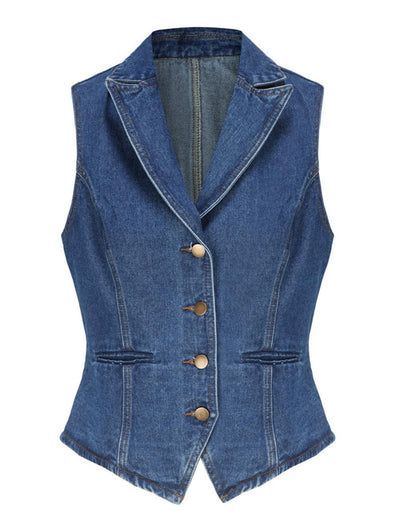 Ladyful Lapel Denim Vest for Women Sleeveless Business Work Jean Waistcoat Vest