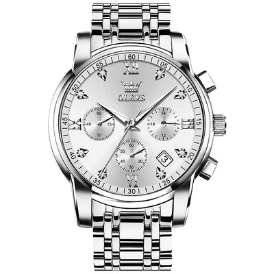 OLEVS Large Face Watches for Men Silver Bezel Diamond Chronograph Watches Stainless Steel Strap Luxury Men Three Hand Watch Waterproof Auto Calendar Easy Read Analog Men's Quartz Watch Reloj De Hombre