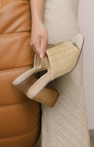 Ancomafio Women's Raffia Heeled Sandals - Square Open Toe, Backless Mules, Slip On Block Heels - Nude, Size 7