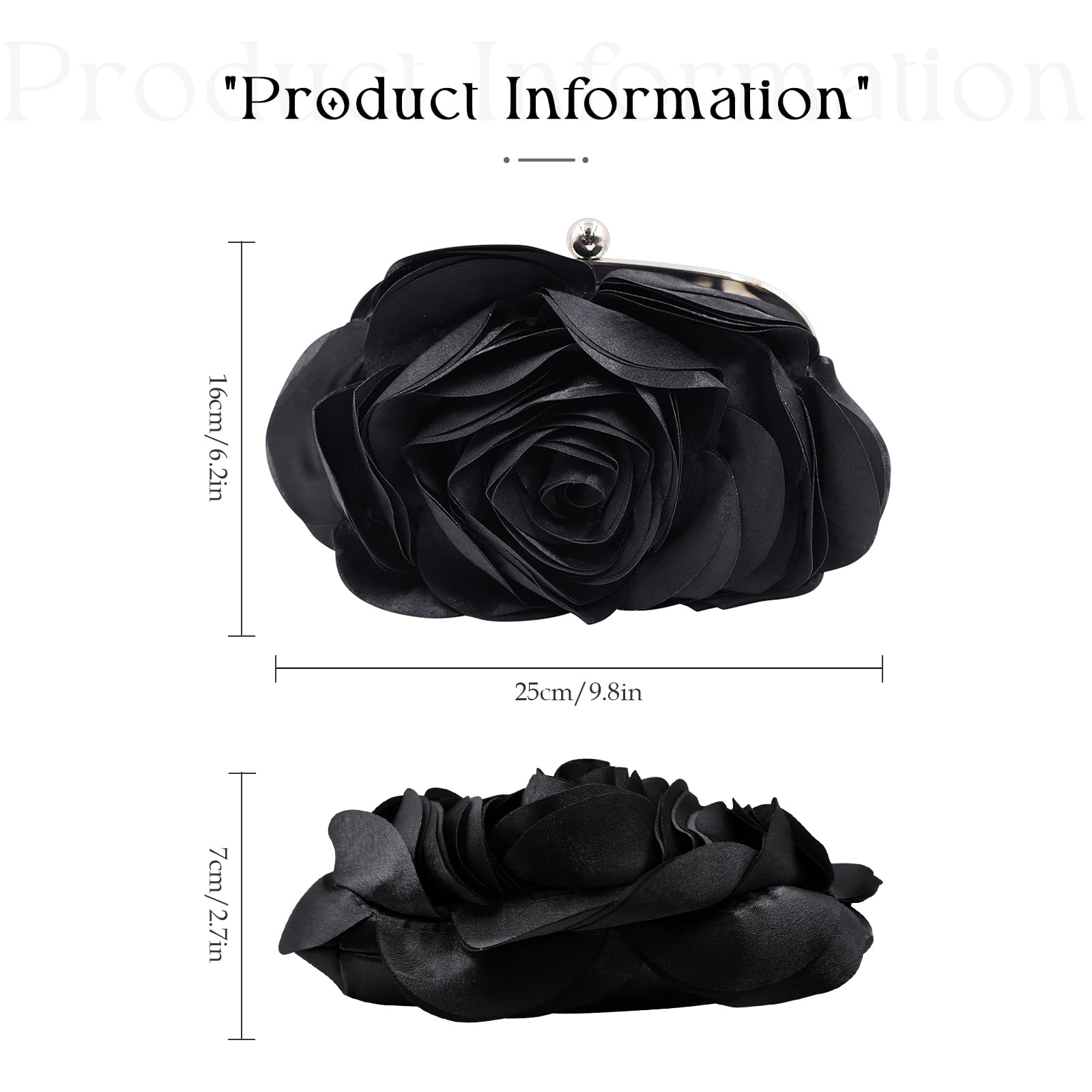 Little Floral Clutch Purse for Women - Elegant Rose Petal Evening Bag with Detachable Chain for Wedding, Gala, Prom, Black
