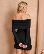 Load image into Gallery viewer, XinFSh Women's Sexy Off The Shoulder Bodycon Mini Dress Fall Long Sleeve Ruffle Ruched Short Party Club Dresses Black
