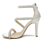 Load image into Gallery viewer, MNTSUEDS Burgundy Pearl Heels Sandals Stiletto Heels Open Toe High Heel Sandals Pump Shoes for Women Bride Wedding Party Evening Heels Satin Shoes Size 9
