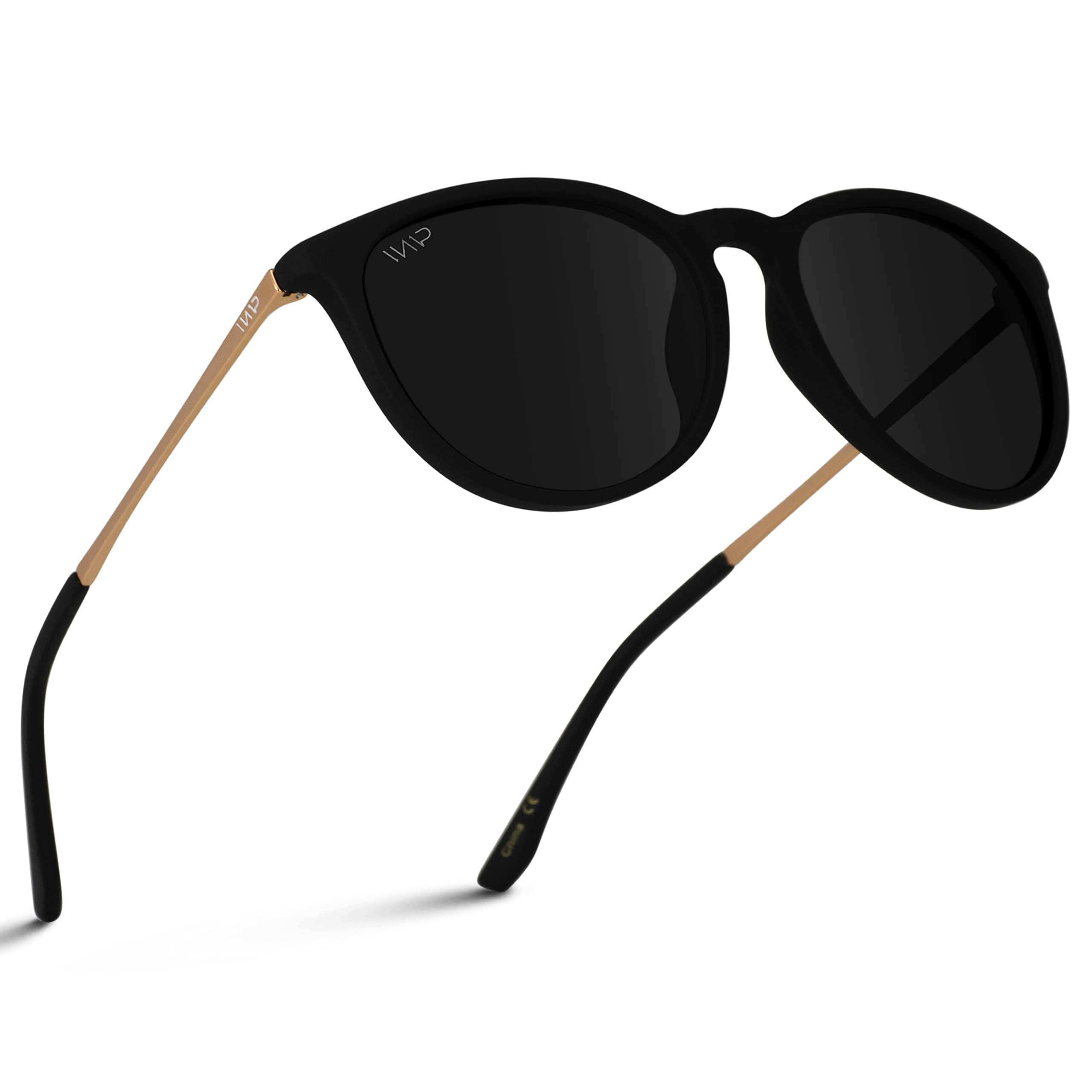 WearMe Pro Women's Round Sunglasses with Polarized UV Protection, Trendy Retro Designer Style (Gold Frame/Black Lens)