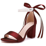 Load image into Gallery viewer, HKMFLYY Women's Burgundy Open Toe Pearl Wedding Sandals Satin Bow Block Heel Ankle Strap Size 9
