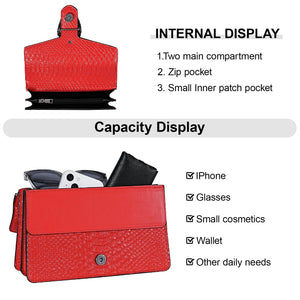 Aiqudou Leather Crossbody Bag Chain Purse for Women - Snake Print Shoulder Bag Luxury Evening Satchel Handbag Ladies Underarm Bag(Red)