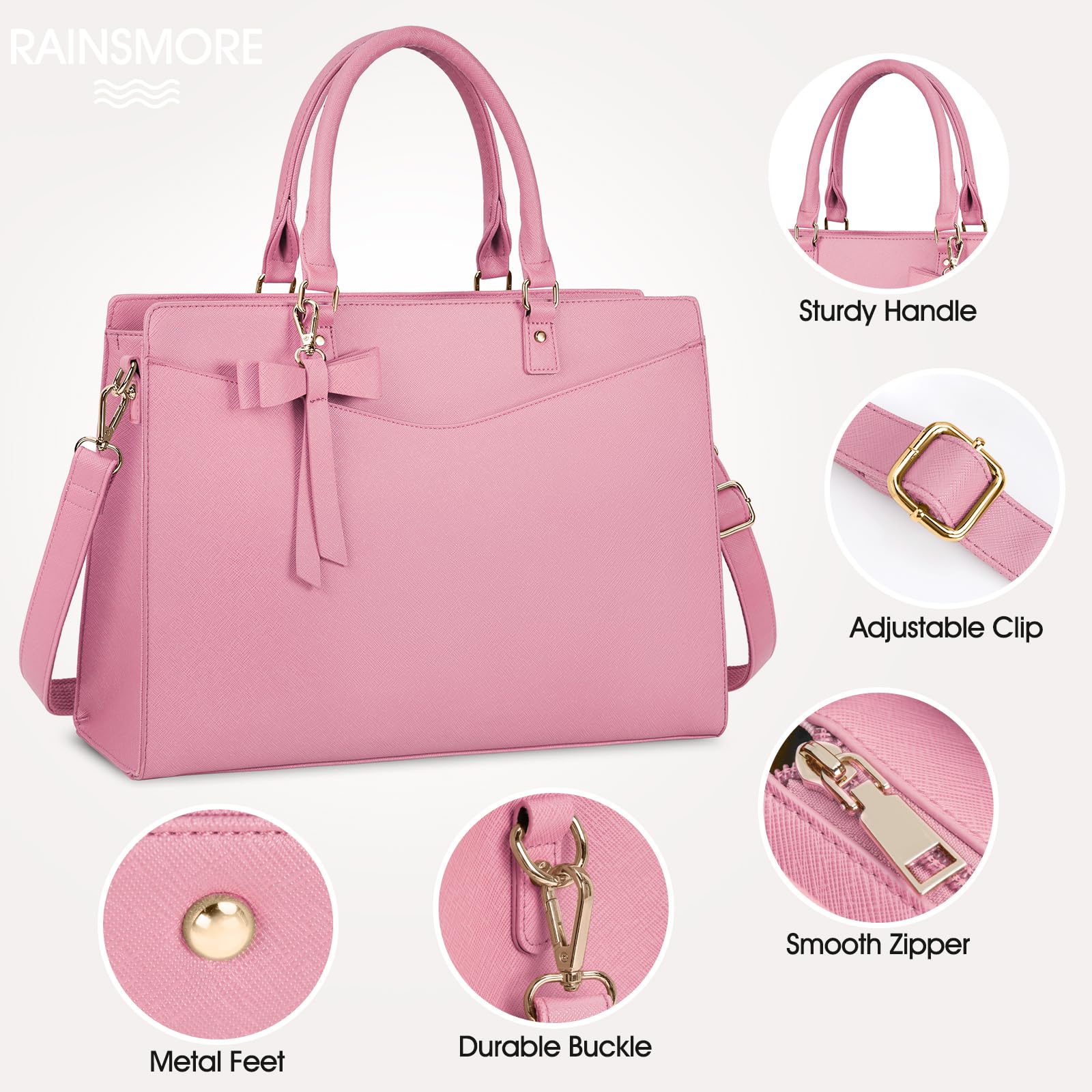 RAINSMORE Laptop Bag for Women 15.6 Inch PU Tote Bag Business Office Work Bag Waterproof Briefcase Computer Tote Lightweight Handbag Shoulder, Pink