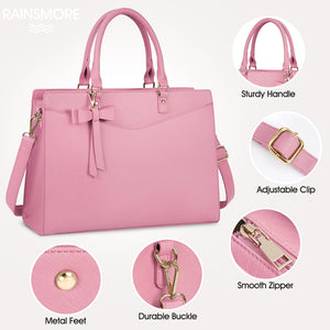 RAINSMORE Laptop Bag for Women 15.6 Inch PU Tote Bag Business Office Work Bag Waterproof Briefcase Computer Tote Lightweight Handbag Shoulder, Pink