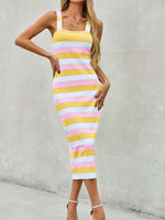Load image into Gallery viewer, Saodimallsu Womens Striped Bodycon Midi Dress Sleeveless Square Neck Color Block Knit Summer Tank Dresses Yellow
